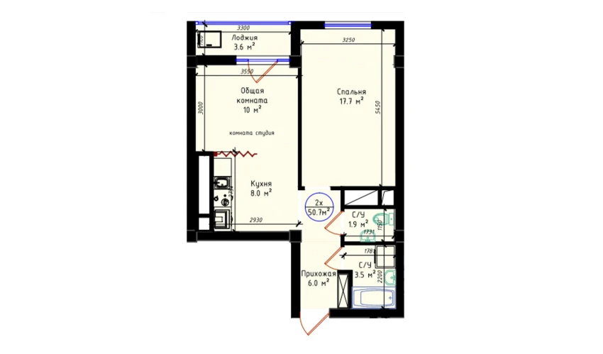 2-комнатная квартира 50.7 м²  13/21 этаж | Жилой комплекс BRILLIANT CITY AC