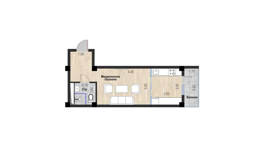 1-xonali xonadon 33.02 m²  6/7 qavat | Bochka Resort Turar-joy majmuasi