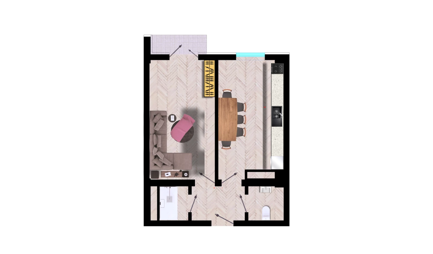 1-xonali xonadon 42.8 m²  5/10 qavat | Ko'kcha-Oqtepa Turar-joy majmuasi