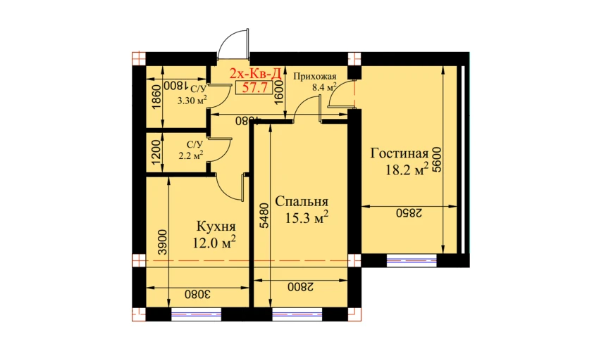 2-xonali xonadon 57.7 m²  1/8 qavat | MUHTASHAM Turar-joy majmuasi