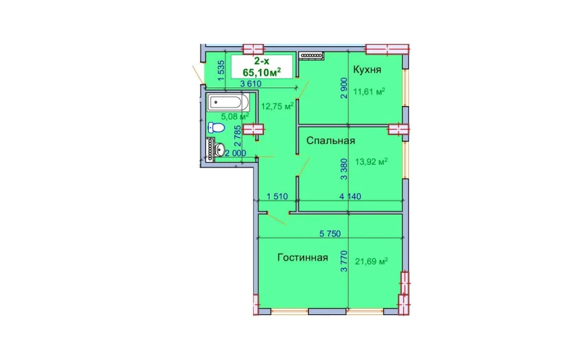 2-xonali xonadon 65.1 m²  1/9 qavat | SHAYX-UL OLAM Turar-joy majmuasi