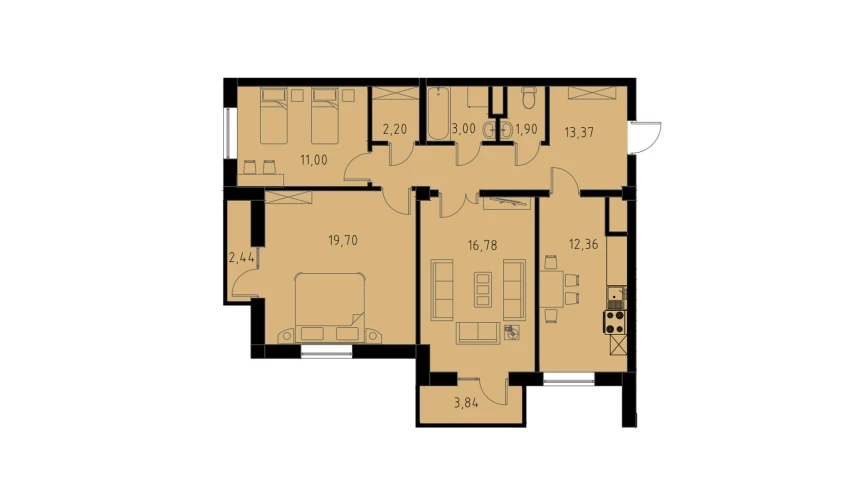 3-xonali xonadon 82.19 m²  4/9 qavat | MINGCHINOR Turar-joy majmuasi