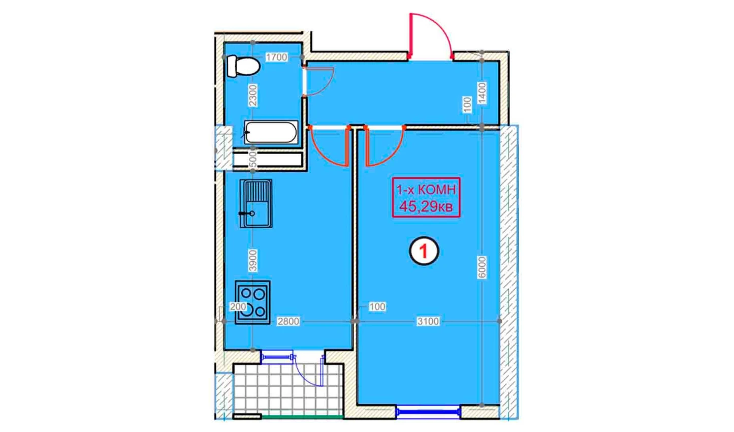 1-xonali xonadon 45.29 m²  2/9 qavat | XUMO Turar-joy majmuasi