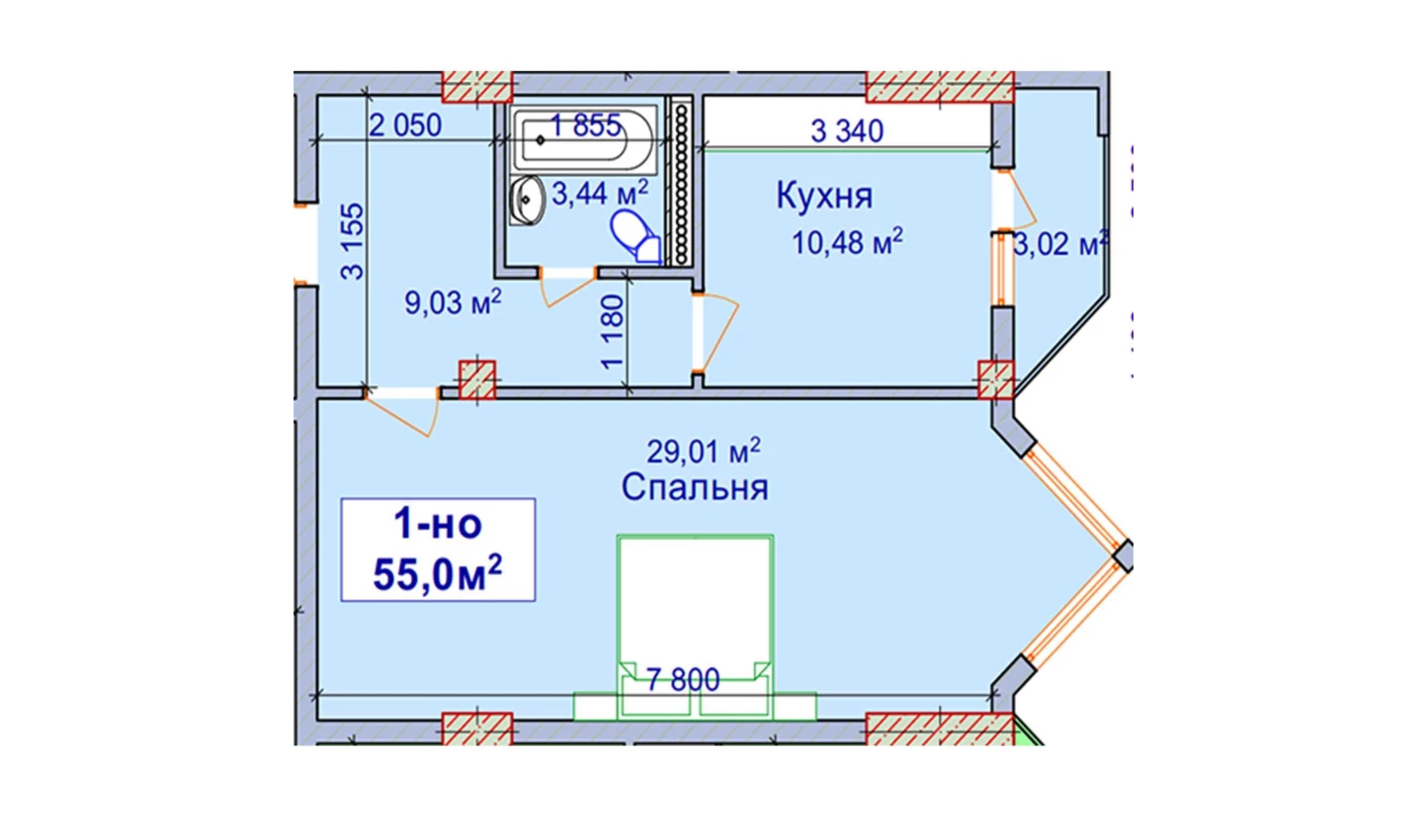 1-комн. квартира 55 м²  8/9 этаж | Жилой комплекс SHAYX-UL OLAM