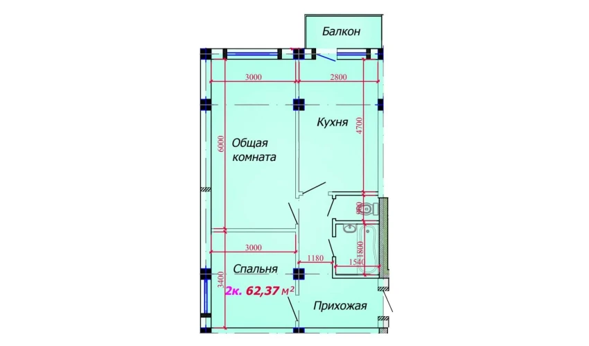 2-комнатная квартира 62.37 м²  7/9 этаж | Жилой комплекс VATAN