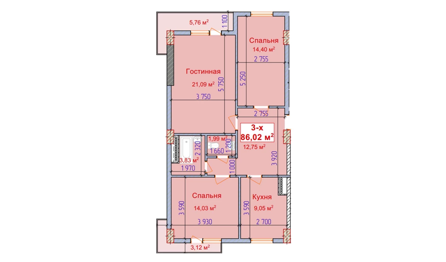 3-xonali xonadon 86.02 m²  9/9 qavat | SHAYX-UL OLAM Turar-joy majmuasi