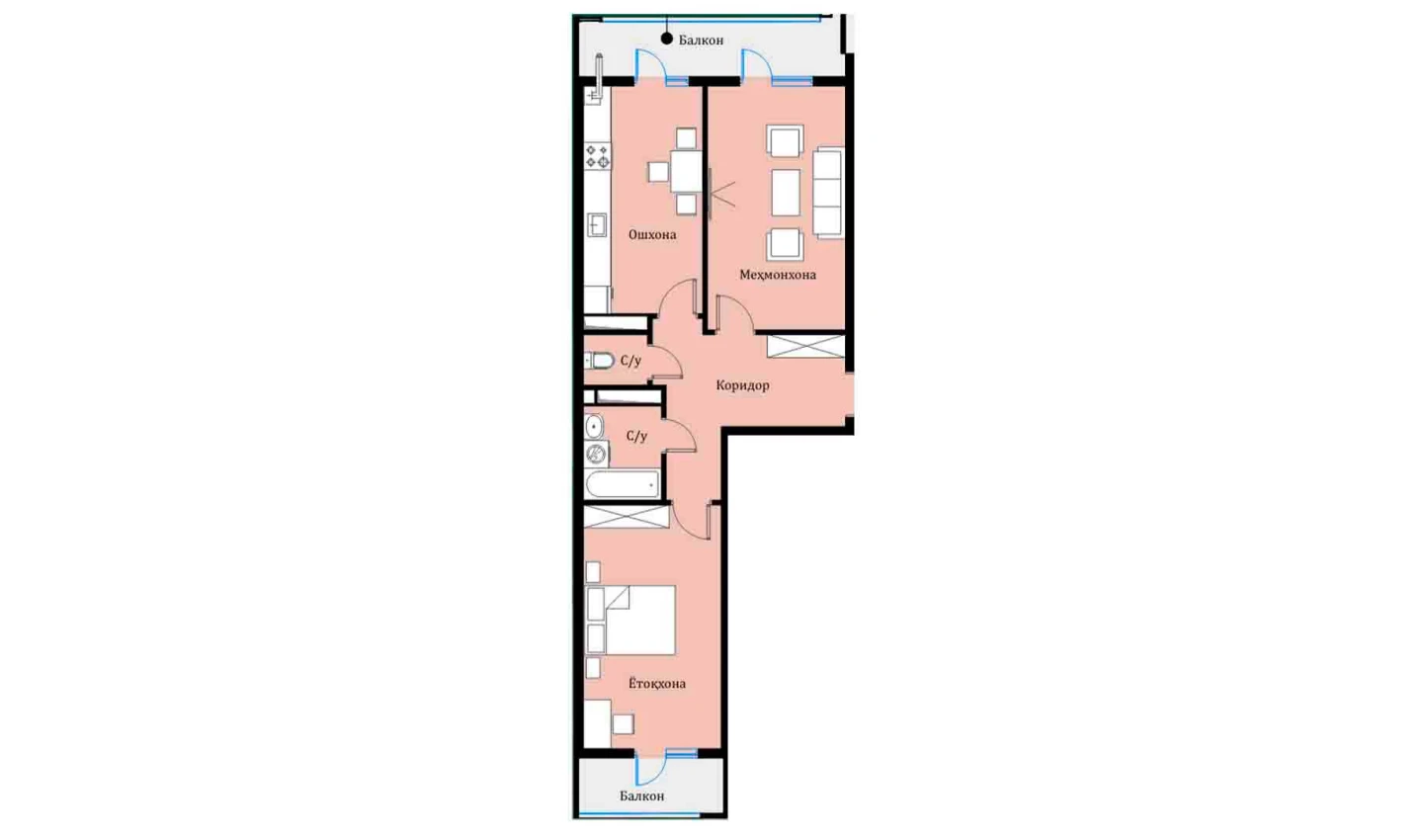 2-комн. квартира 64.44 м²  1/16 этаж | Жилой комплекс SOKIN DIYOR