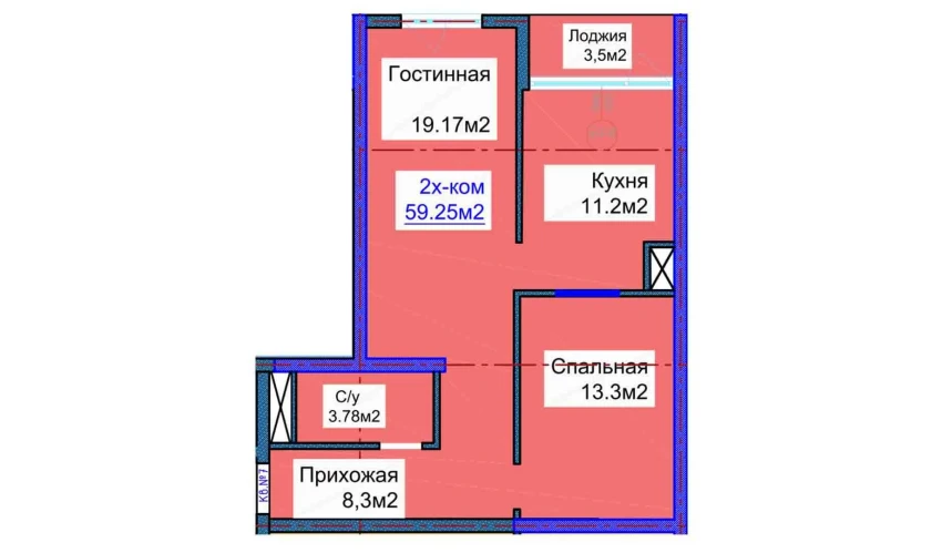2-xonali xonadon 59.25 m²  15/16 qavat | ELITE ECO CITY Turar-joy majmuasi
