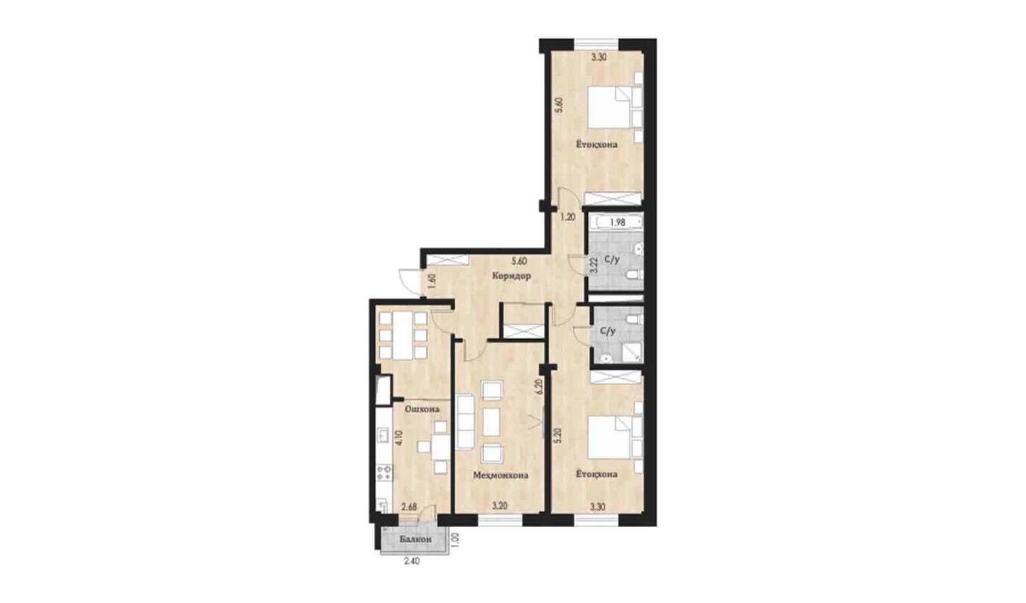 3-комн. квартира 108.22 м²  4/10 этаж | Жилой комплекс Ko'kcha-Oqtepa