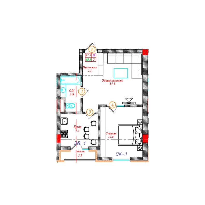 2-xonali xonadon 47.5 m²  5/12 qavat | CHINARA PARK Turar-joy majmuasi