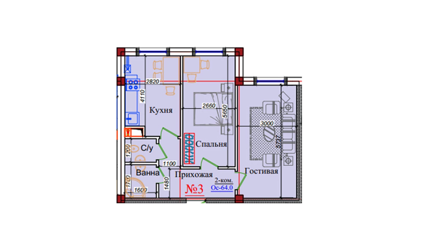 2-комн. квартира 64 м²  1/9 этаж | Жилой комплекс ZAR ZAMONAVIY UYLAR