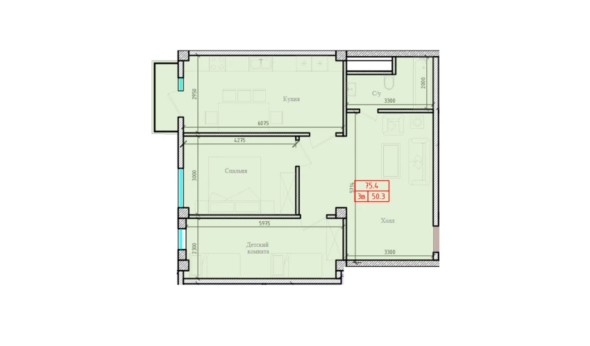 3-комнатная квартира 75.4 м²  2/7 этаж | Жилой комплекс Gulbadanbegim