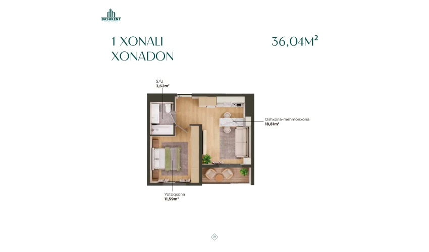 1-комнатная квартира 36.04 м²  11/16 этаж | Жилой комплекс BASHKENT