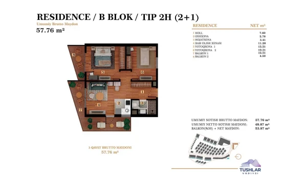3-комнатная квартира 53.97 м²  5/6 этаж | Жилой комплекс TUSHLAR VODIYSI