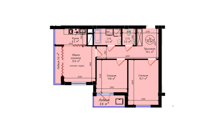 3-комнатная квартира 75 м²  5/19 этаж | Жилой комплекс BRILLIANT CITY AC