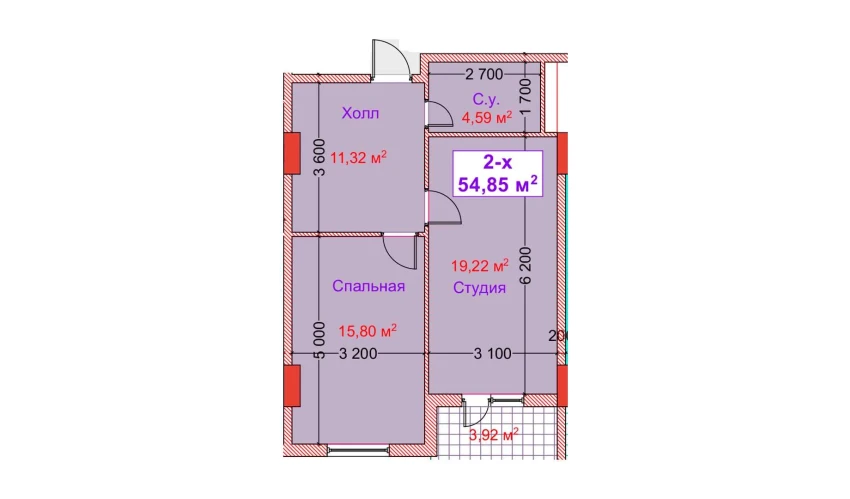 2-xonali xonadon 54.85 m²  7/8 qavat | CAPITAL AVENUE Turar-joy majmuasi