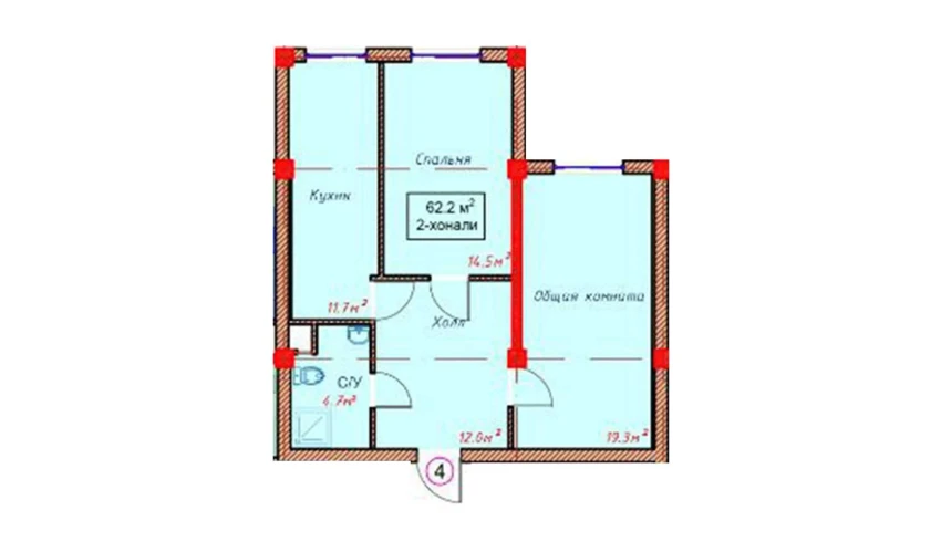 2-xonali xonadon 62.2 m²  1/9 qavat | Orzular Turar-joy majmuasi