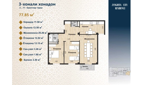 3-комнатная квартира 77.85 м²  9/12 этаж | Жилой комплекс Zangota City 1 -ETAP