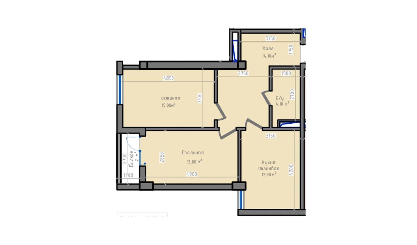 2-xonali xonadon 66.8 m²  10/13 qavat | ORZU SAROYI Turar-joy majmuasi
