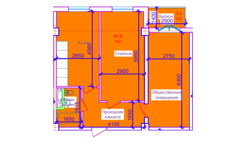 2-xonali xonadon 63.9 m²  4/10 qavat | ORZULAR MASKANI Turar-joy majmuasi
