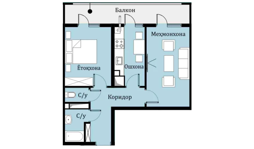 2-xonali xonadon 45.9 m²  14/16 qavat | SOKIN DIYOR Turar-joy majmuasi