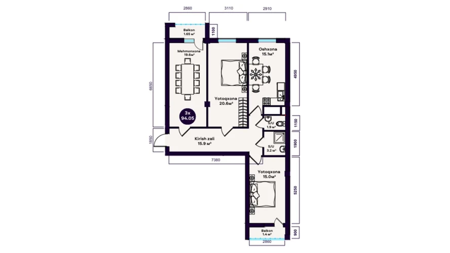 3-комн. квартира 94.05 м²  6/12 этаж | Жилой комплекс TUMOR