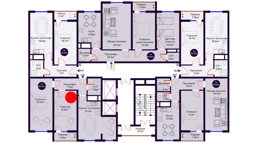 3-комн. квартира 69.65 м²  12/16 этаж | Жилой комплекс Crystal Avenue