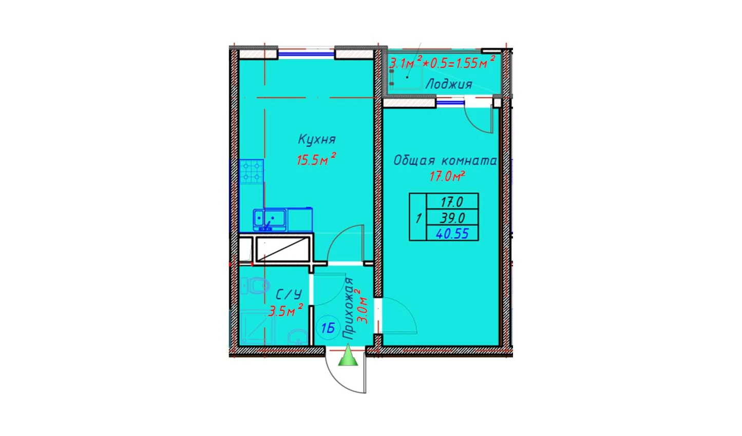 1-xonali xonadon 40.55 m²  4/16 qavat | TRINITY Turar-joy majmuasi