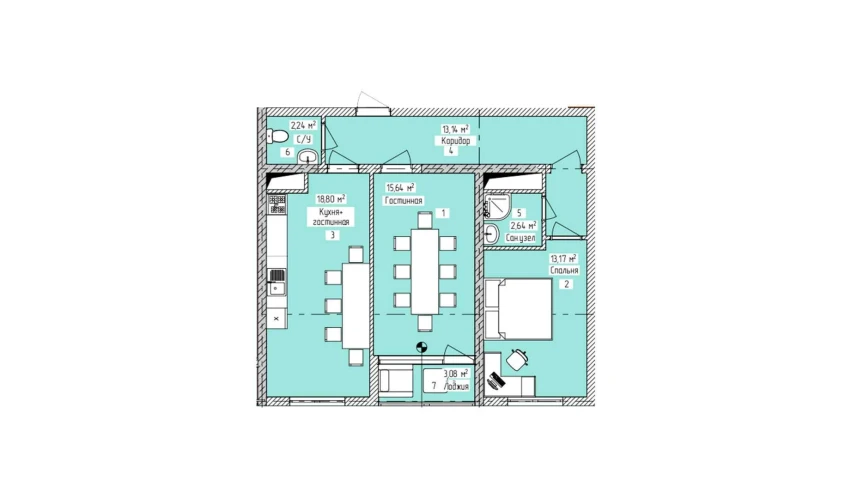 3-xonali xonadon 68.71 m²  9/16 qavat | ELITE ECO CITY Turar-joy majmuasi