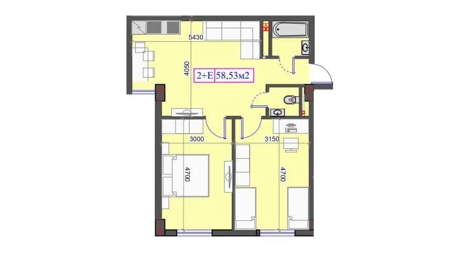 2-xonali xonadon 58.53 m²  1/7 qavat | O'ZBEGIM Turar-joy majmuasi