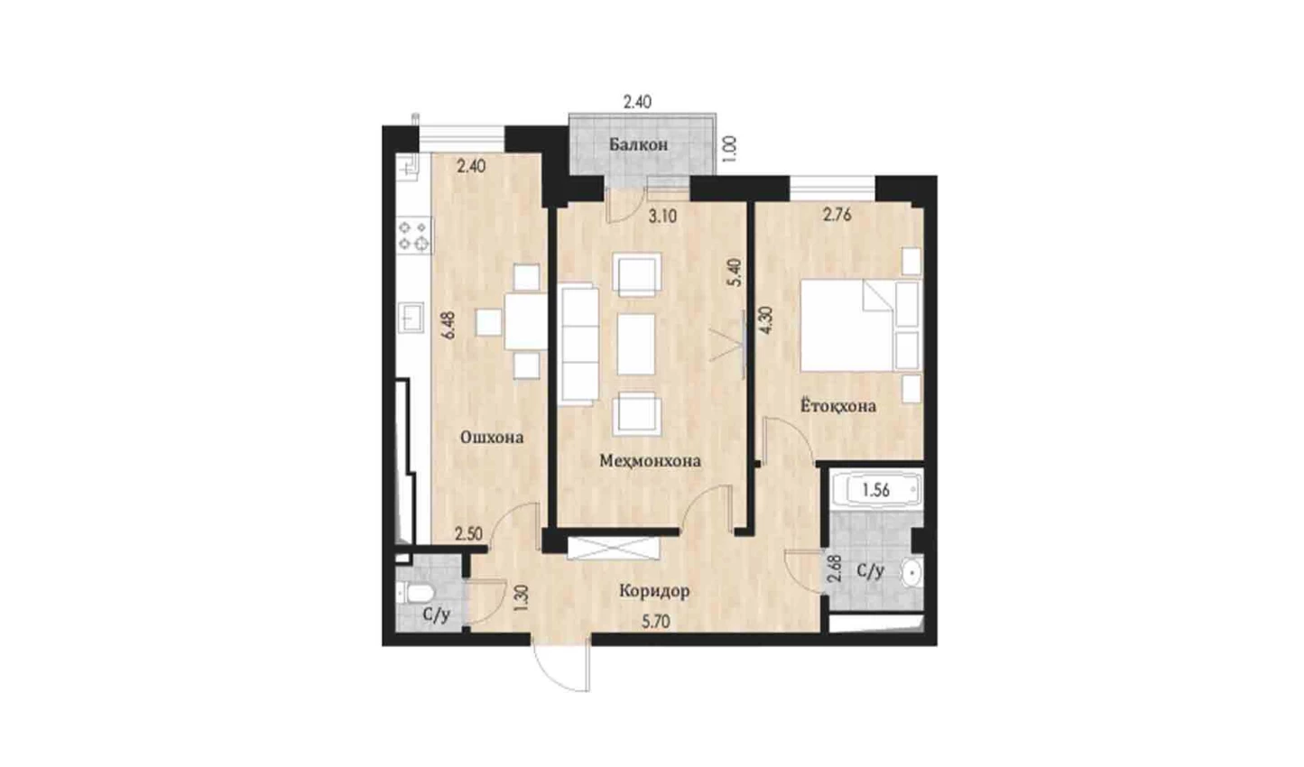 2-xonali xonadon 63.2 m²  4/10 qavat | Ko'kcha-Oqtepa Turar-joy majmuasi