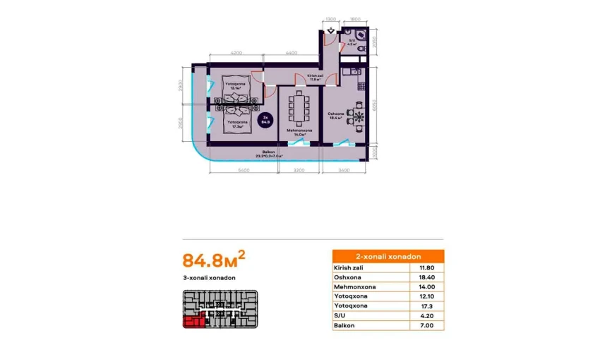 3-комнатная квартира 84.8 м²  9/22 этаж | Жилой комплекс TXT Tower