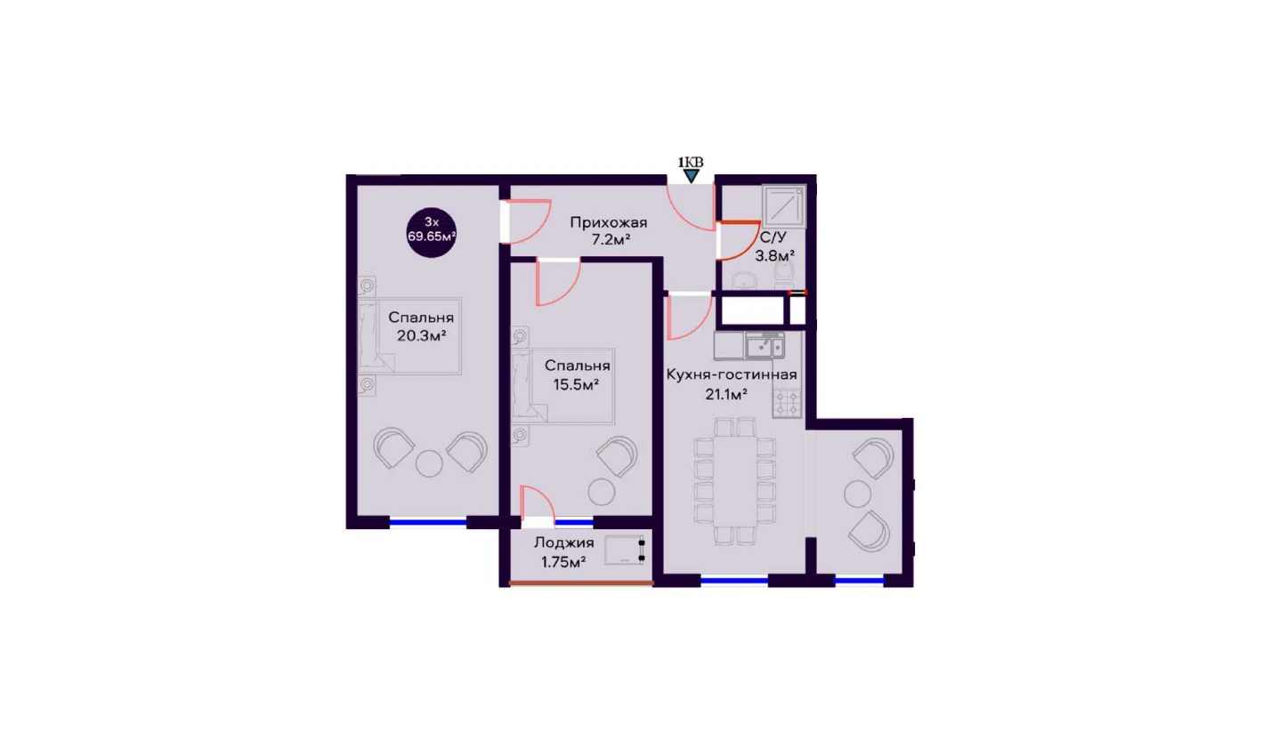 3-комн. квартира 69.65 м²  12/16 этаж | Жилой комплекс Crystal Avenue