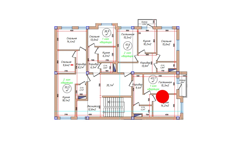 1-xonali xonadon 45.1 m²  5/5 qavat | Oq mahalla Turar-joy majmuasi