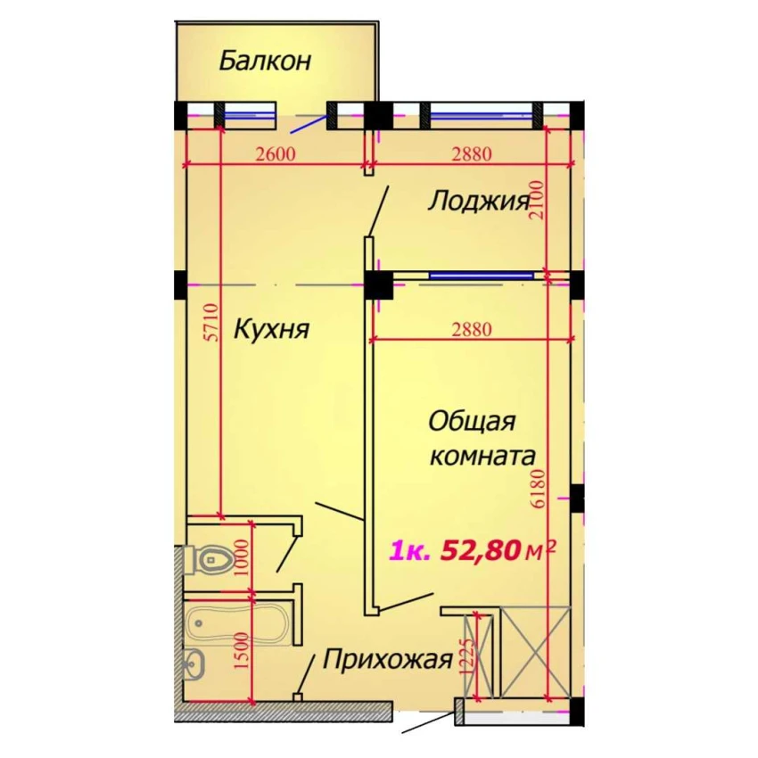 1-xonali xonadon 52.8 m²  2/9 qavat | VATAN Turar-joy majmuasi