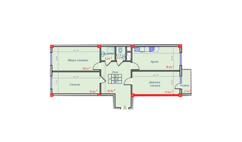 3-xonali xonadon 98.7 m²  2/9 qavat | Hakimi Towers Turar-joy majmuasi