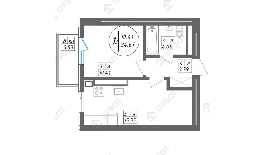 1-комнатная квартира 34.67 м²  2/13 этаж | Жилой комплекс SUN