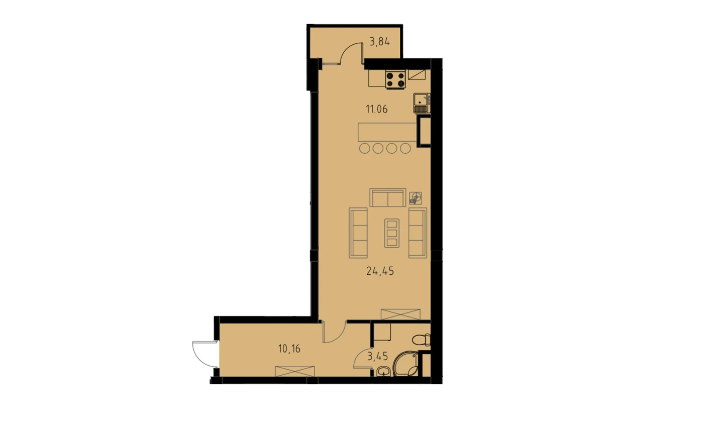 1-xonali xonadon 49.68 m²  3/9 qavat | MINGCHINOR Turar-joy majmuasi