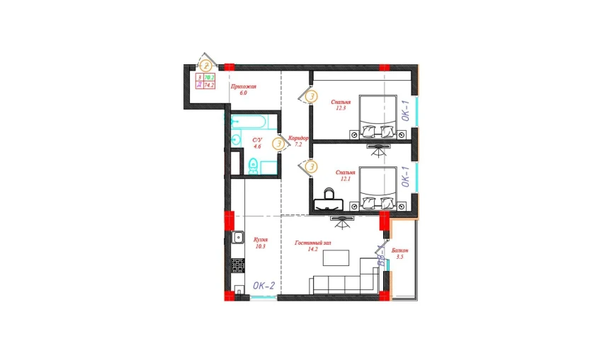 3-комнатная квартира 74.2 м²  7/12 этаж | Жилой комплекс CHINARA PARK