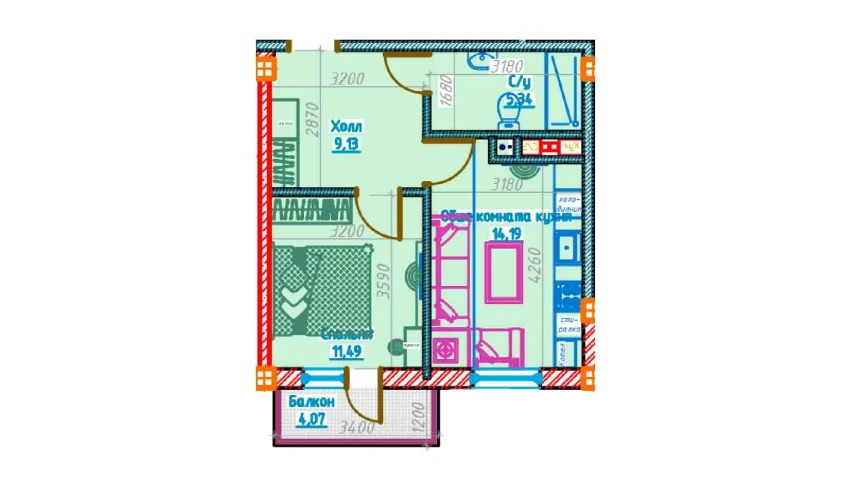 2-комнатная квартира 40.17 м²  11/13 этаж | Жилой комплекс Al-Qasr