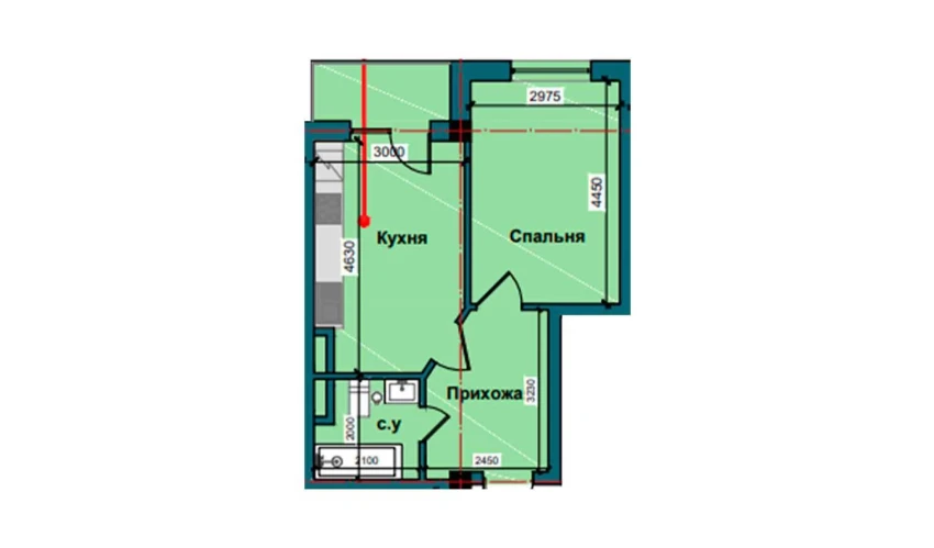 1-xonali xonadon 42.8 m²  3/9 qavat | NUR BARAKA Turar-joy majmuasi