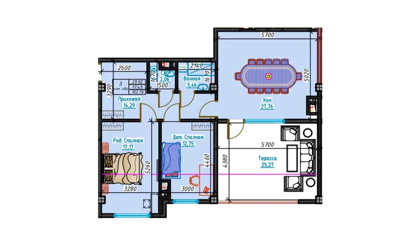 3-xonali xonadon 102.76 m²  13/13 qavat | Bog'dod City Turar-joy majmuasi