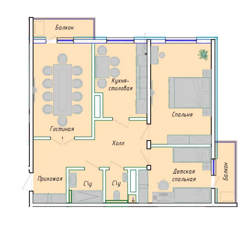 3-комн. квартира 87.26 м²  4/12 этаж | Жилой комплекс SERGELI CITY