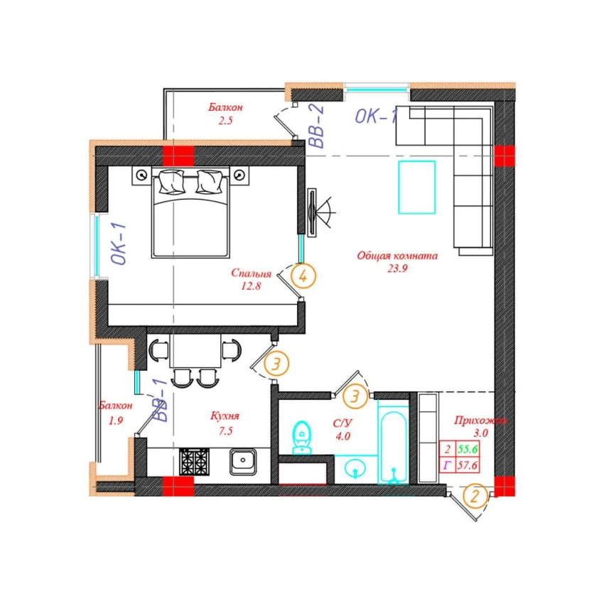 2-xonali xonadon 57.6 m²  5/12 qavat | CHINARA PARK Turar-joy majmuasi