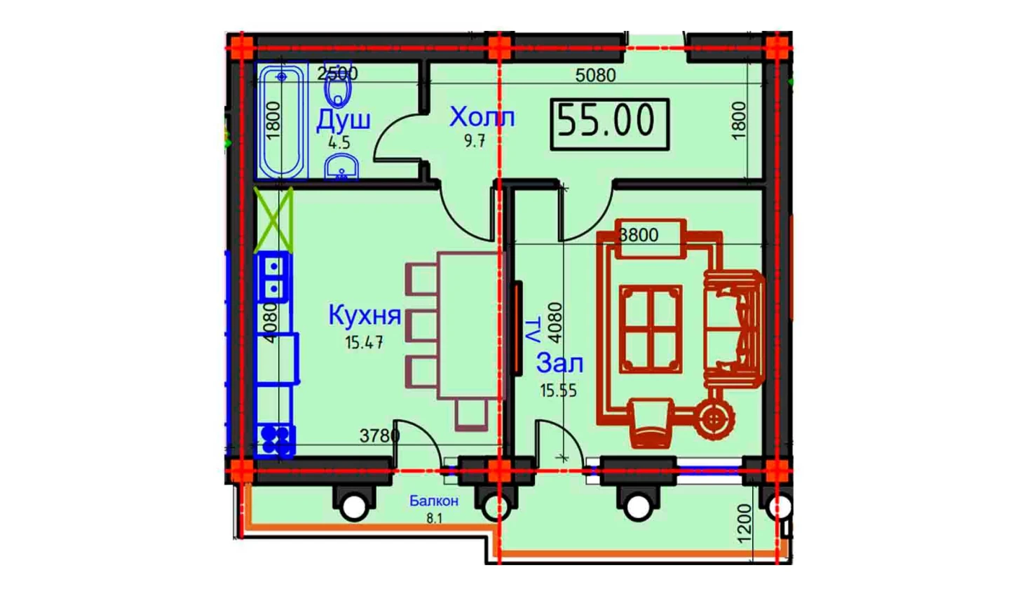 1-комн. квартира 55 м²  8/9 этаж | Жилой комплекс BAHOR