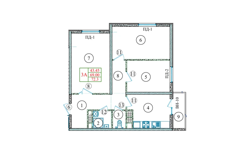 3-xonali xonadon 70.63 m²  3/9 qavat | Yangi O'zbekiston Turar-joy majmuasi