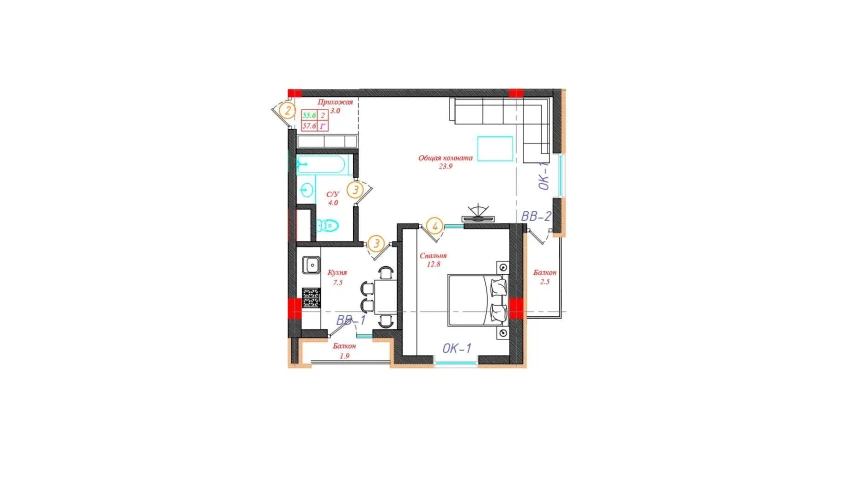 2-комнатная квартира 57.6 м²  6/12 этаж | Жилой комплекс CHINARA PARK