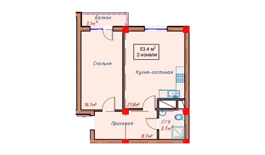 2-комнатная квартира 53.4 м²  8/10 этаж | Жилой комплекс Orzular