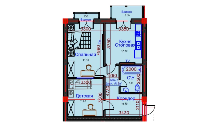 2-xonali xonadon 61.5 m²  10/10 qavat | AFROSIYOB Turar-joy majmuasi