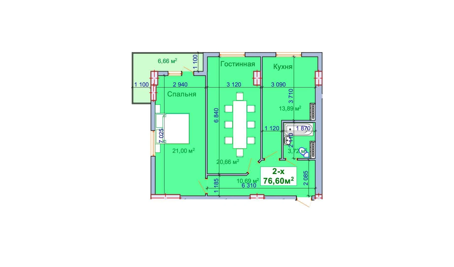 2-комн. квартира 76.6 м²  8/9 этаж | Жилой комплекс SHAYX-UL OLAM